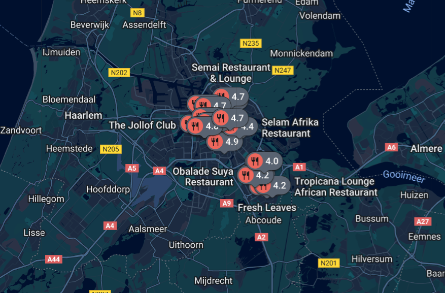 Map of African restuarants and food delivery services in Amsterdam