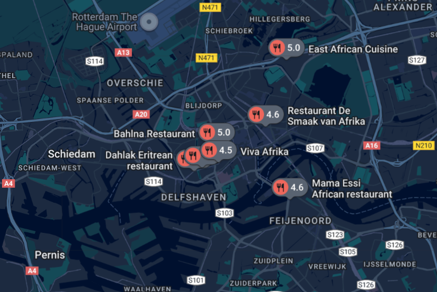Map of African restuarants and food delivery services in Rotterdam