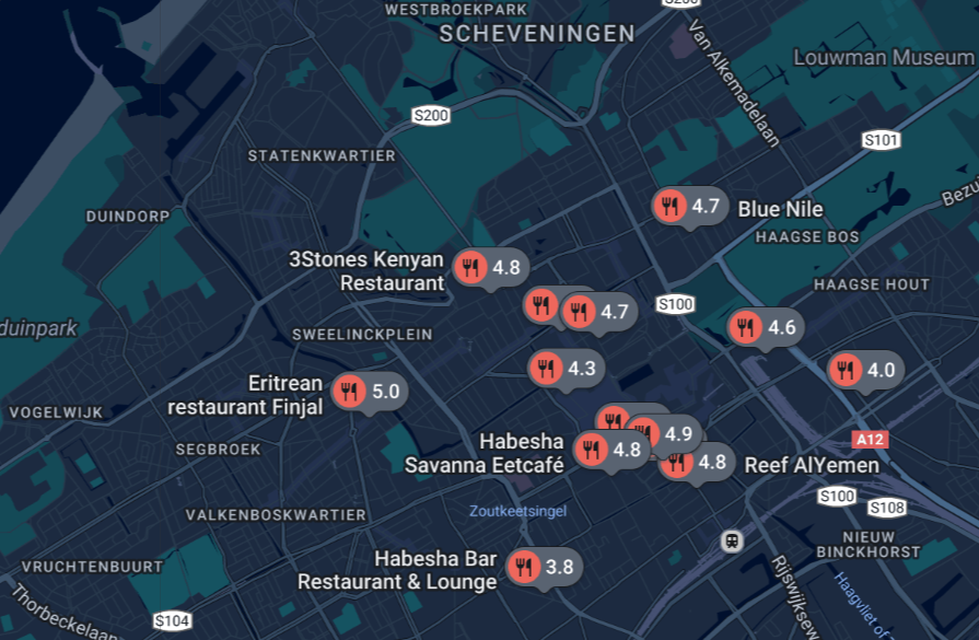 Map of African restuarants and food delivery services in The Hague